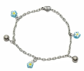 Pulsera de acero quirurgico eslabon tiff con bolitas y flor murano celeste y blanca 18cm